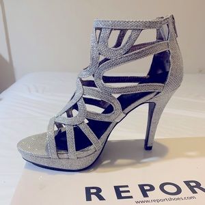 Shimmery Silver Report Heels